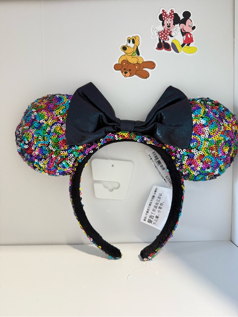 Disney Sequined Rainbow Minnie Ears Headband with Black Bow